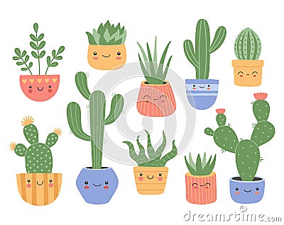 Set of cute succulents cactus with smiling face Vector Illustration